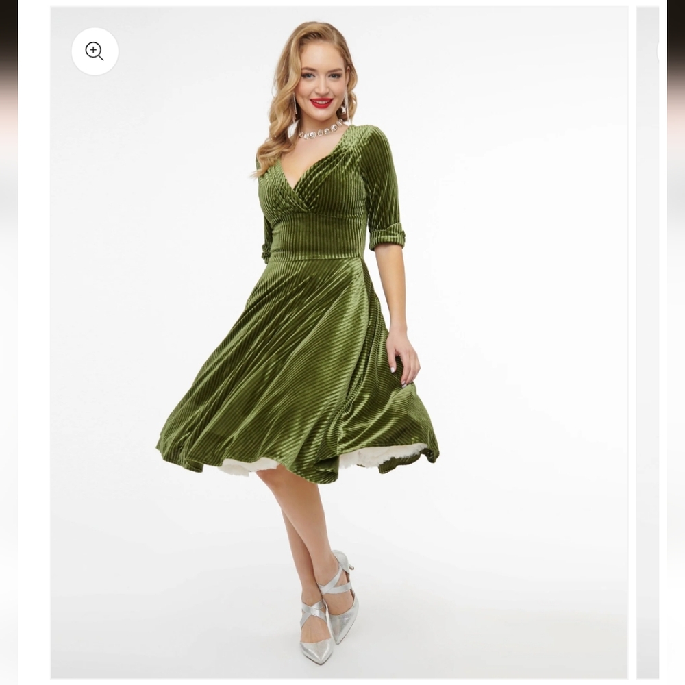 Unique Vintage Olive Green Velvet Midi Dress